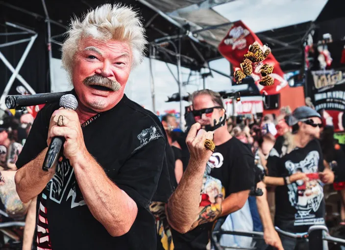 Image similar to photo still of rip taylor at vans warped tour!!!!!!!! at age 6 3 years old 6 3 years of age!!!!!!! throwing bees at a crowd, 8 k, 8 5 mm f 1. 8, studio lighting, rim light, right side key light