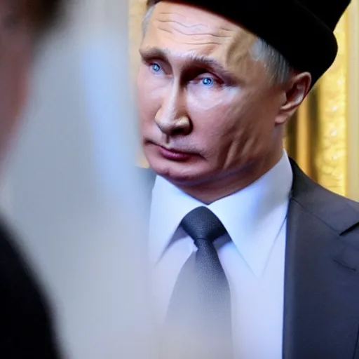 Prompt: putin wearing a black leather hat, cinematic style, front view, cool looking