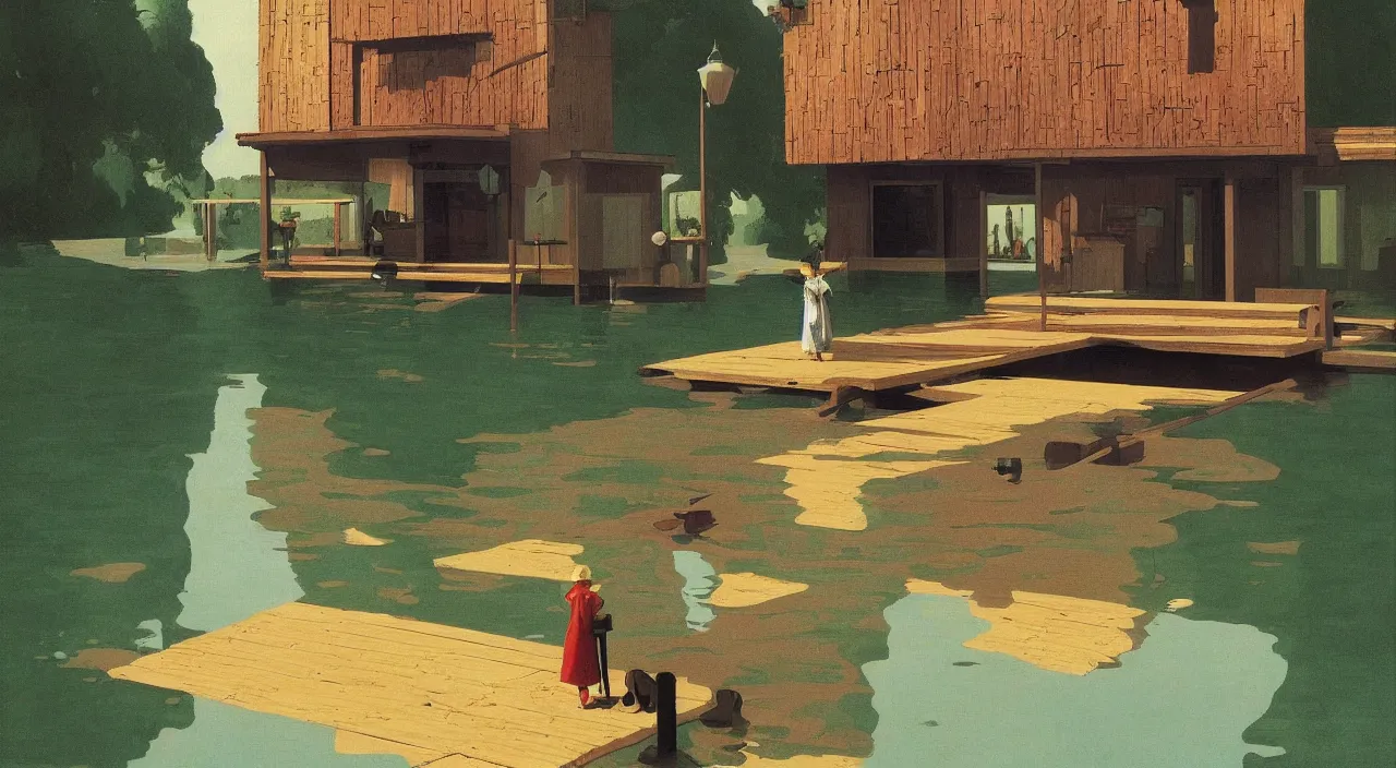 Image similar to single flooded! simple wooden entrance, very coherent and colorful high contrast!! masterpiece by rene magritte simon stalenhag carl spitzweg syd mead norman rockwell edward hopper james gilleard, water, minimalist, dark shadows, sunny day, hard lighting