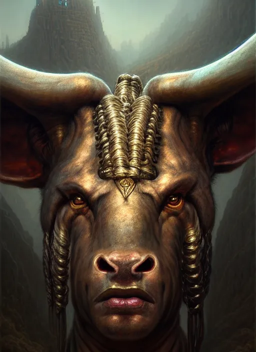 Image similar to closeup portrait shot of a minotaur in a scenic dystopian environment, intricate, elegant, highly detailed, centered, digital painting, artstation, concept art, smooth, sharp focus, illustration, artgerm, tomasz alen kopera, peter mohrbacher, donato giancola, joseph christian leyendecker, wlop, boris vallejo