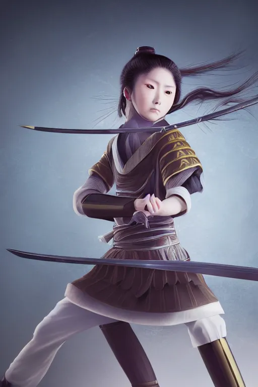 Image similar to highly detailed beautiful photo of a young female samurai, practising sword stances, symmetrical face, beautiful eyes, realistic anime art style, 8 k, award winning photo, pastels, action photography, 1 / 1 2 5 shutter speed, dramatic lighting