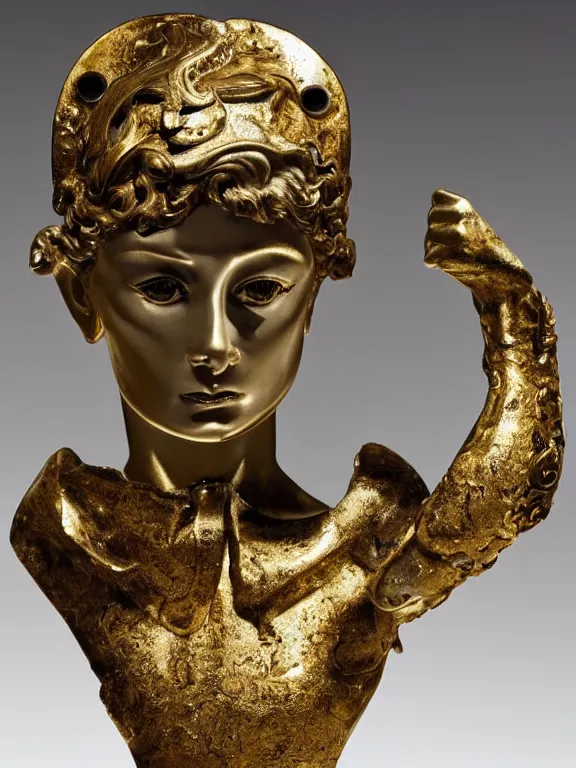 Prompt: a backlit art nouveau marble head and torso sculpture of a worried young audrey hepburn, wearing intricate gold plate armor on her chest and a golden helmet, delicate, intricate, smooth, beautiful, glowing, by charles van der stappen