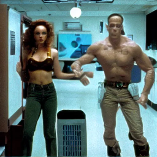 Prompt: a still of the movie weird science, 2 0 0 4 doom 3 visuals aesthetic