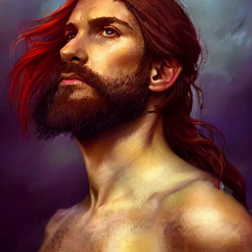 Image similar to portrait of a young pirate, 30 years old, male, rugged, masculine, handsome, upper body, red hair, long hair, D&D, fantasy, intricate, elegant, highly detailed, cinematic lighting, digital painting, artstation, concept art, cutscene, sharp focus, illustration, art by Artgerm and Greg Rutkowski and Alphonse Mucha