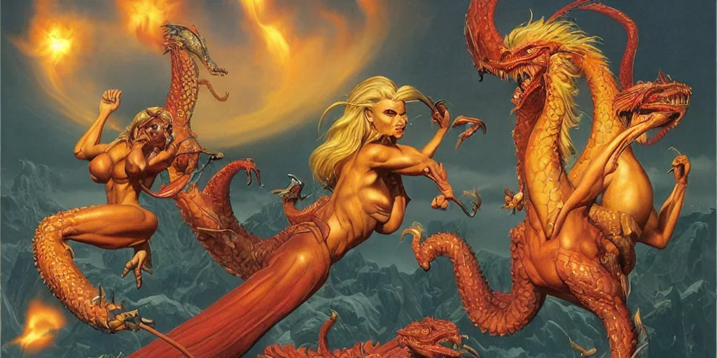 Prompt: extremely attractive blonde muscled amazon women riding a flaming dragon, by Richard Corben, Mark Arian, Wayne Barlowe, Julie Bell, Zdzisław Beksiński, Ed Binkley, Mark Brooks, Jean Delville, Larry Elmore, Frank Frazetta, Greg Hildebrandt, Tim Hildebrandt, Alex Horley, Ralph Horsley, Peter Andrew Jones, Eddie Mendoza, Earl Norem, Greg Rutkowski, Michael Whelan, Artgerm