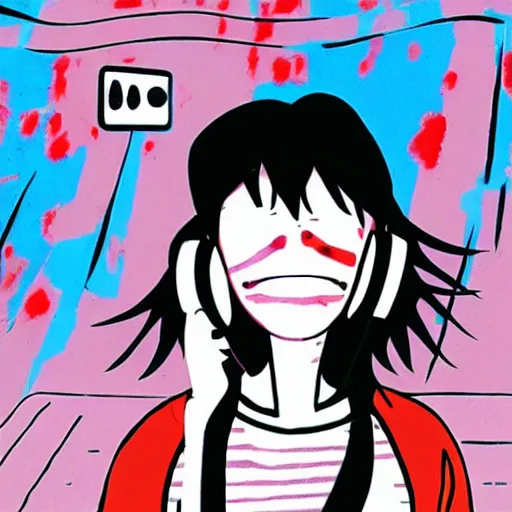 Prompt: studio gainax illustration, bloodied anime girl listening to music in a train, noise rock album cover