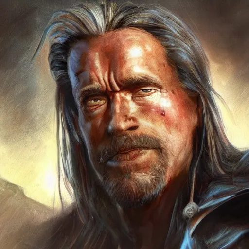 Image similar to arnold schwarzenegger in his 3 0 s as teferi, in the style of magic the gathering, glacier landscape, d & d, fantasy, intricate, elegant, highly detailed, digital painting, artstation, concept art, matte, sharp focus, illustration, art by artgerm and greg rutkowski and alphonse mucha