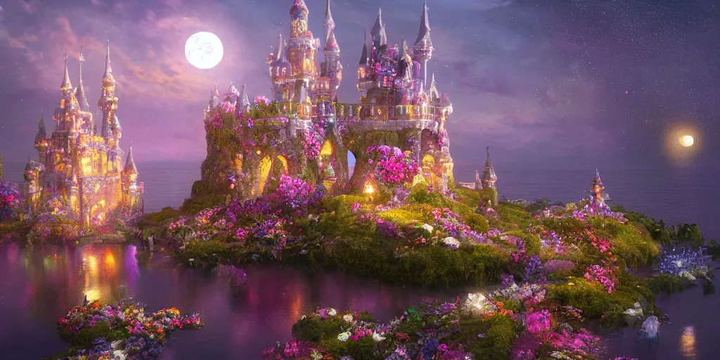 Image similar to a single glittering fairy castle at night, a full moon, water and colourful flowers, extremely detailed oil painting, unreal 5 render, fantasy digital art, octane render, beautiful composition, trending on artstation, award-winning photograph, masterpiece