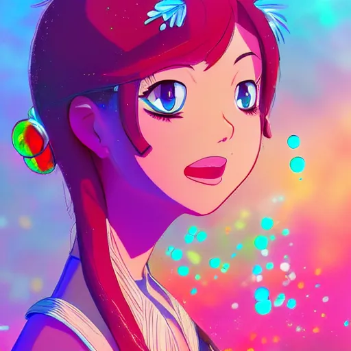 Image similar to a beautiful disney styled character, dew, water drops, ultra detailed, sunrise, portrait, hyper colorful, trending on artstation, by studio ghibli