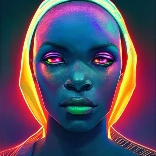 Image similar to african neon necromancer, science fiction, highly detailed, digital painting, beautiful eyes, symmetry, concept art, sharp focus, illustration, global illumination, radiant light, synthwave colors, detailed and intricate environment, art by artgerm and greg rutkowski and magali villeneuve and ilya kuvshinov!