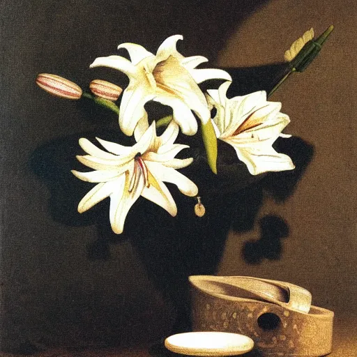 Prompt: a still life painting of a skill with diamonds in its eyes surrounded by white lilies all in front of a dark shadowy background by francisco de zurbaran