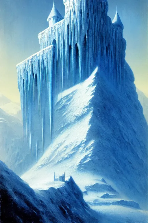 Prompt: castle of ice by bruce pennington and gustave courbet, 4 k, hd, amazing details, sharp focus, post - processing, smooth