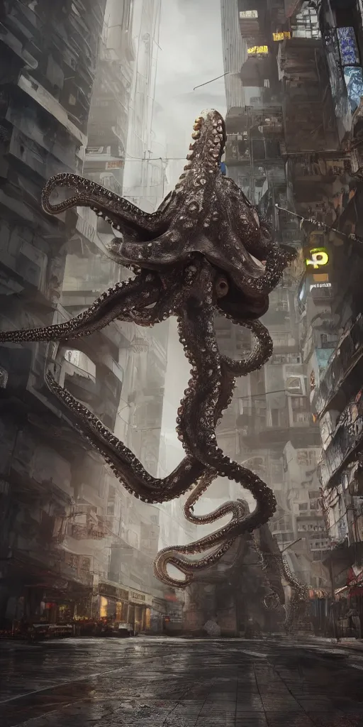 Image similar to hyperrealism, detailed textures, photorealistic 3 d cyberpunk octopus in apocalyptic city, futuristic clothing and helmet, ultra realistic, cinematic, intricate, cinematic light, unreal engine 8 k