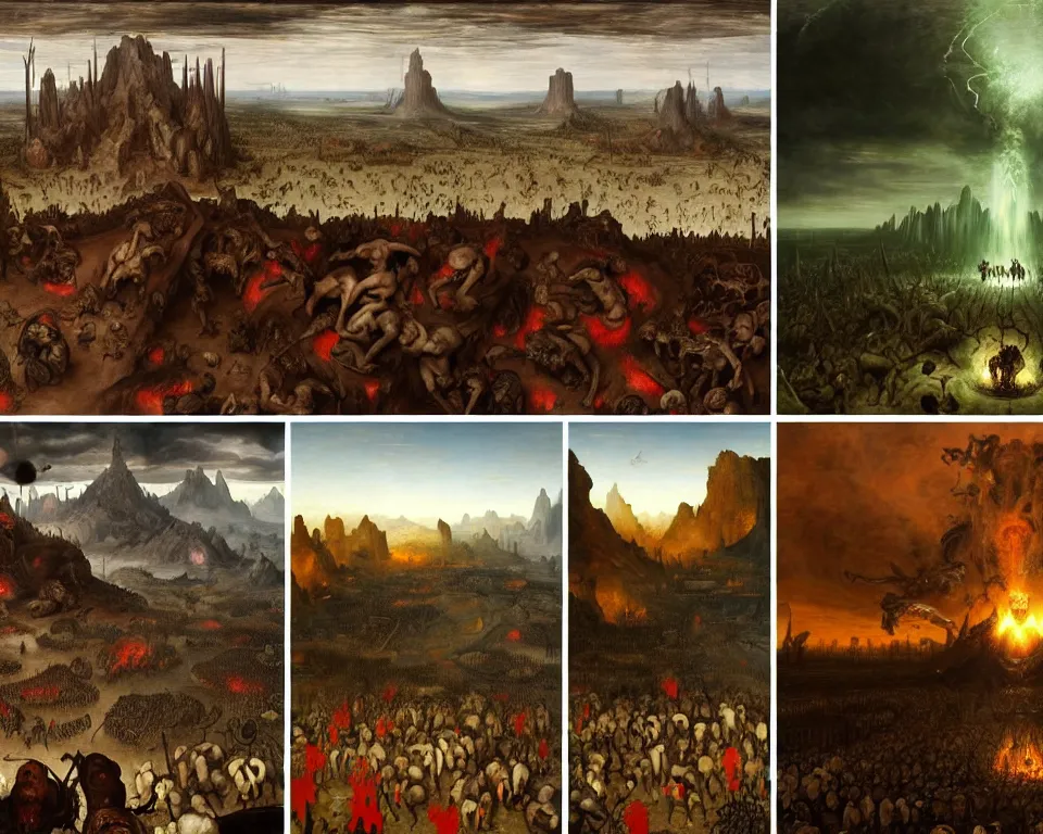 Image similar to doom eternal by jakub rozalski, zoomed garden of eternal delights hell by hieronymus bosh, zoom on triumph of death by pieter brueghel, doom eternal by hieronymus bosh