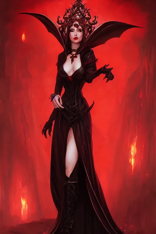 Prompt: Beautiful vampire female princess, black and red silk clothing, black demonic eyes, Full body shot, D&D, fantasy, intricate, elegant, highly detailed, digital painting, artstation, concept art, matte, sharp focus, illustration, hearthstone, art by Artgerm and Greg Rutkowski and Alphonse Mucha