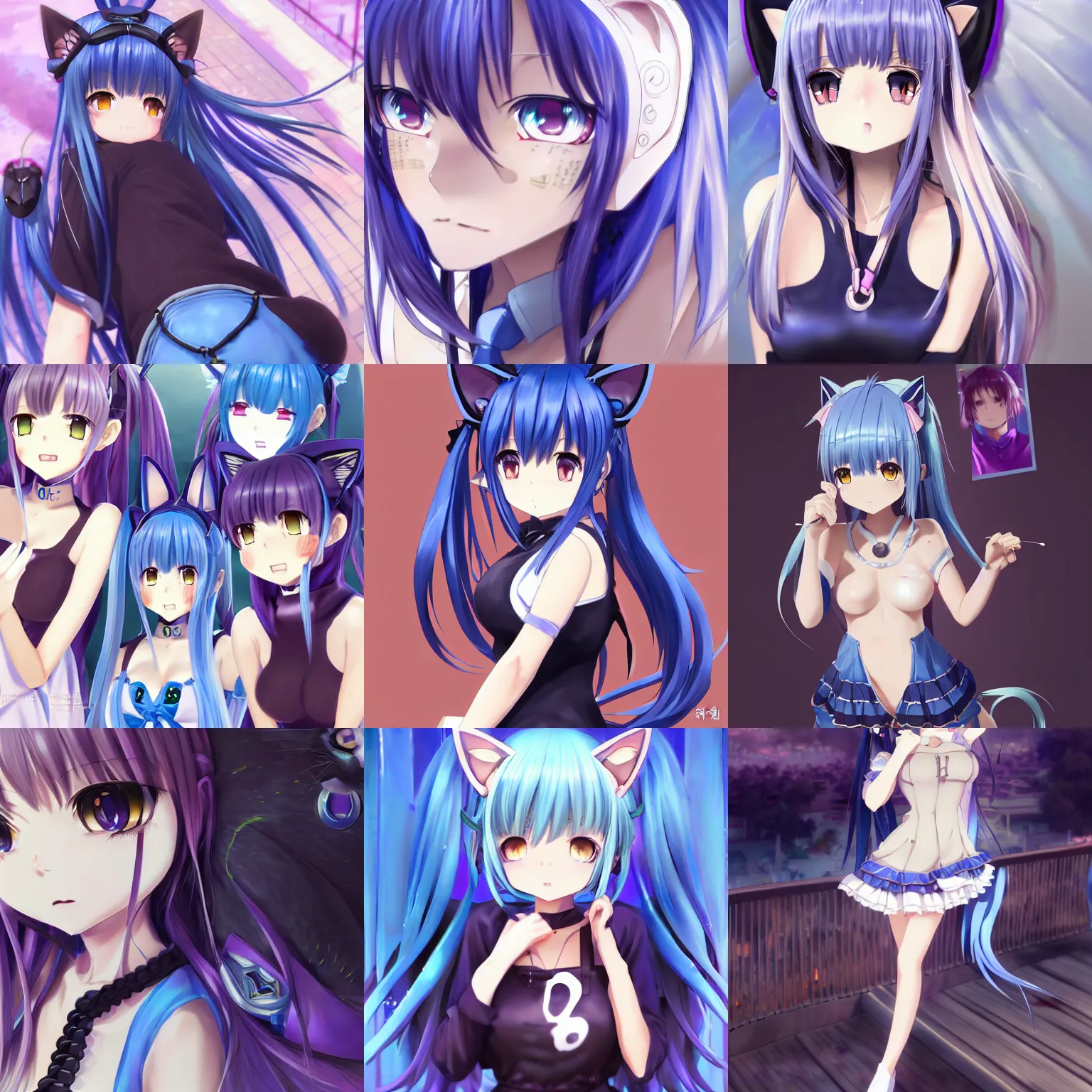 Prompt: nekopara vn modern anime style fantastically detailed eyes art blue hair detailed cat ears cat girl nekomimi dress full body vibrant seductive smile shinkai makoto Studio ghibli Sakimichan Kentaro Miura Stanley Artgerm Lau WLOP Rossdraws James Jean Marc Simonetti elegant highly detailed digital painting artstation Unreal Engine 4k 8k ultra HD pixiv