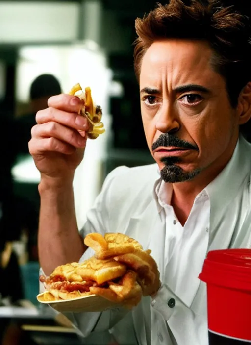 Image similar to a full portrait photo of robert downey jr eating mcdonald in movie iron man, f / 2 2, 3 5 mm, 2 7 0 0 k, lighting, perfect faces, award winning photography.