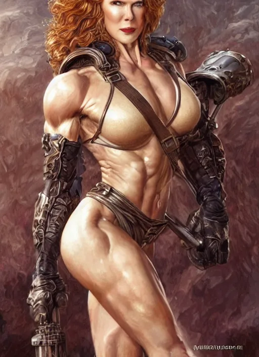 Image similar to muscled Nicole Kidman as a ruggedly handsome hero, intricate, elegant, highly detailed, centered, digital painting, artstation, concept art, smooth, sharp focus, illustration, artgerm, donato giancola, Joseph Christian Leyendecker, WLOP, Boris Vallejo, Artgerm