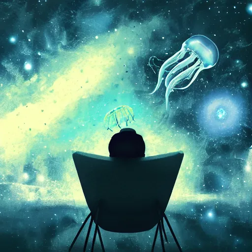 Prompt: over the shoulder photo of a man sitting on a chair while watching a magical glowing jellyfish in cosmic stardust, stars, galaxies, space, award winning photo, intricate, high detail, atmospheric, desolate, artstation