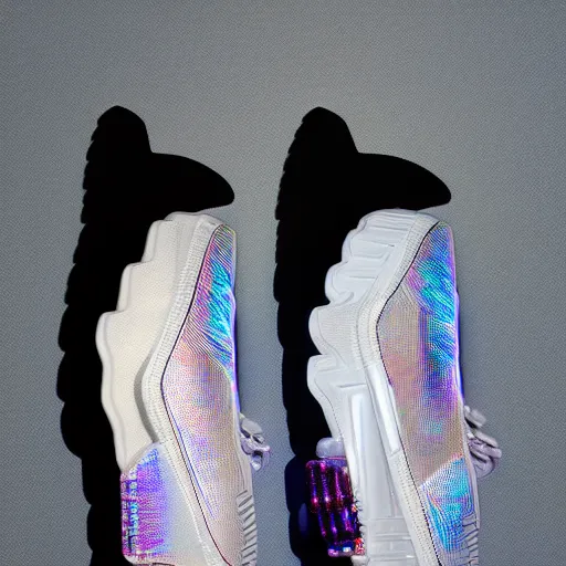 Image similar to product photography extremely detailed futuristic sports sneakers with a detailed foam sole, with holographic elements, 3 d model, hyperrealism, balenciaga style ultra rendered extreme realism and detail, 8 k, highly detailed, realistic, completely framed, pbr, hyper realistic, photorealistic, sharp focus,