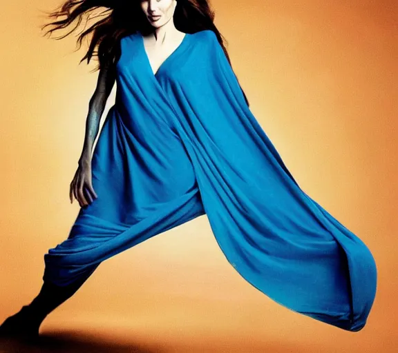 Image similar to beautiful astonishing angelina jolie as a mystical creature with beautiful body shape wearing a magic blue blanket and flying through the air