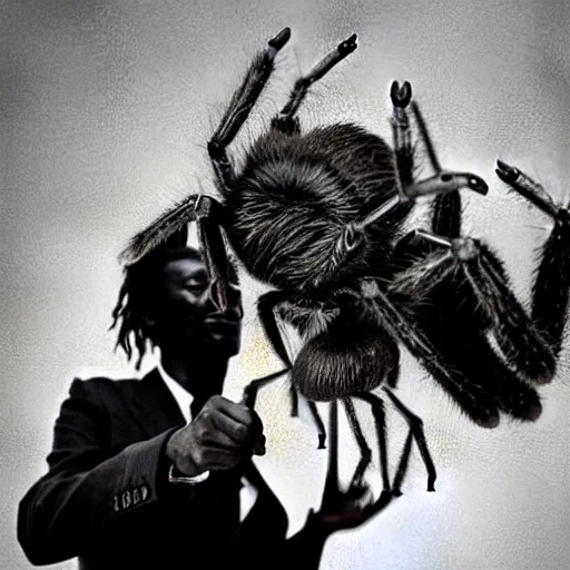 Prompt: miles davis petting a giant hairy spider with big eyes