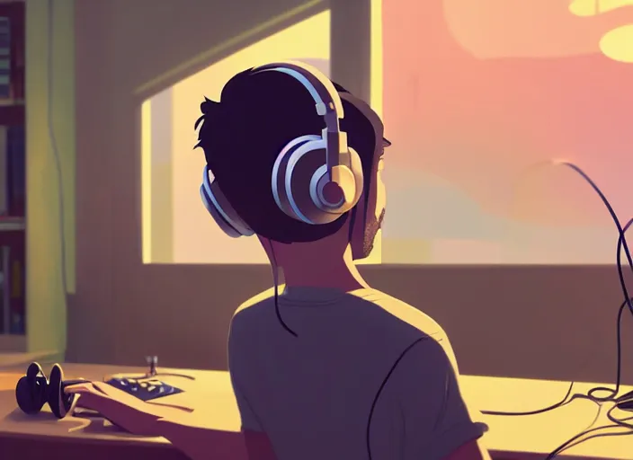 Prompt: man with headphones at his home studio producing music late at night, very detailed, 4 k, cory loftis, james gilleard, atey ghailan, makoto shinkai, goro fujita, studio ghibli, rim light, exquisite lighting, clear focus, very coherent, masterpiece