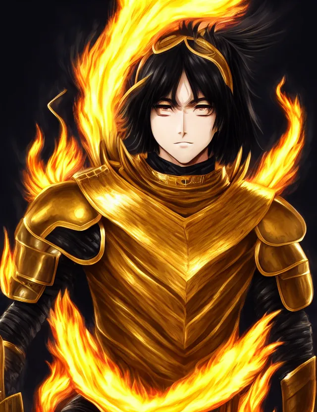 Image similar to a detailed manga portrait of a black haired man with hazel eyes in gleaming golden armour that burns with golden fire, trending on artstation, digital art, 4 k resolution, detailed, high quality, sharp focus, hq artwork, coherent, insane detail, character portrait