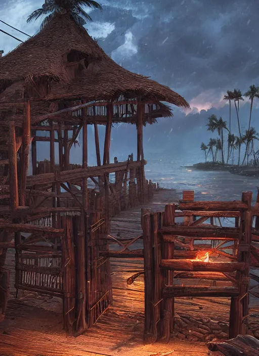 Image similar to wooden palisade wall on a tropical island kit by torches in a Storm , intricate Details, raphael lacoste, eddie mendoza, alex ross, concept art, matte painting, highly detailed, rule of thirds, dynamic lighting, cinematic, detailed, denoised, centerd, clean render