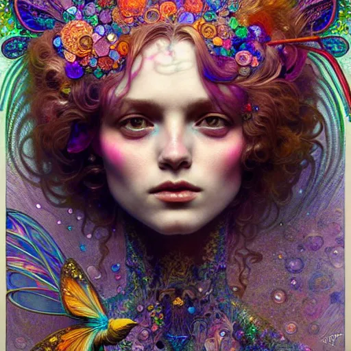 Prompt: An extremely psychedelic portrait of a fairy made of crystals, surreal, colorful, face, detailed, intricate, elegant, lithe, highly detailed, digital painting, artstation, concept art, smooth, sharp focus, illustration, art by Krenz Cushart and Artem Demura and alphonse mucha