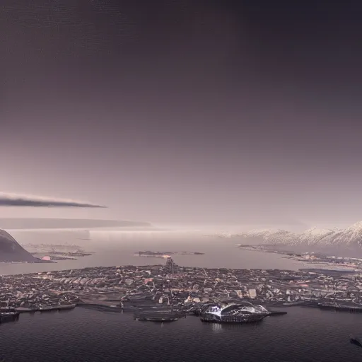 Prompt: Nordic fjords, colossal futuristic cities in the background destroyed, light from the tallest skyscraper piercing the sky, apocalyptic, photorealism, highly-detailed, atmospheric, award winning, 8k