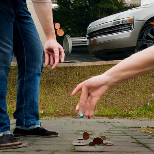 Prompt: photograph of man tossing a penny, wife in background, DSLR Photograph