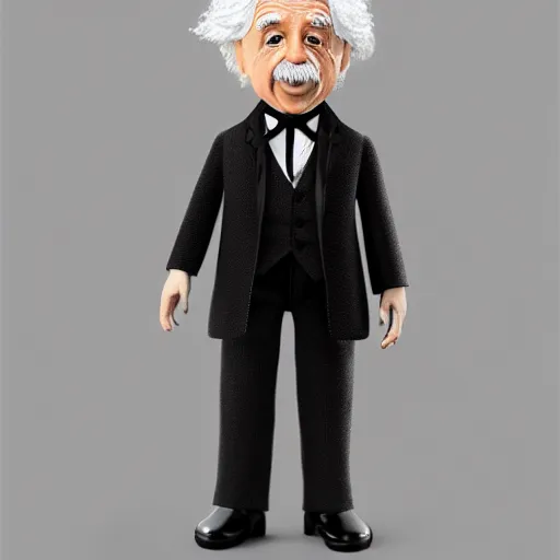 Image similar to ultra realistic and intricate detailed photograph of mini Albert Einstein toy in a tuxedo, innovation, bright modern style, artstation, unreal render, depth of field, ambient lighting, award winning, stunning