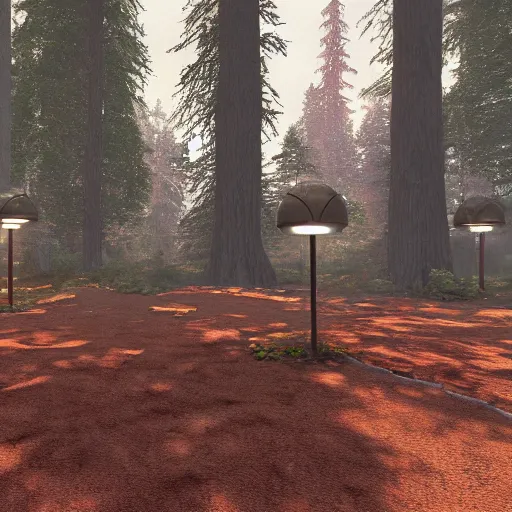 Image similar to rust base in a photorealistic forest, light fixtures, 8k, detailed