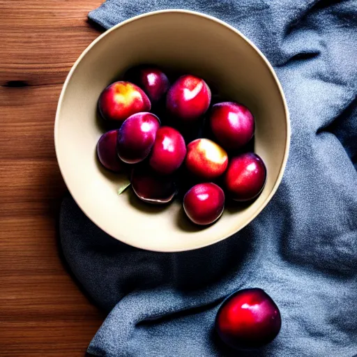 Image similar to photo of a single thick porcelain bowl filled with a few moist freshly picked plums on a wooden table. volumetric lighting. 4 k. small scale. realistic. top down.