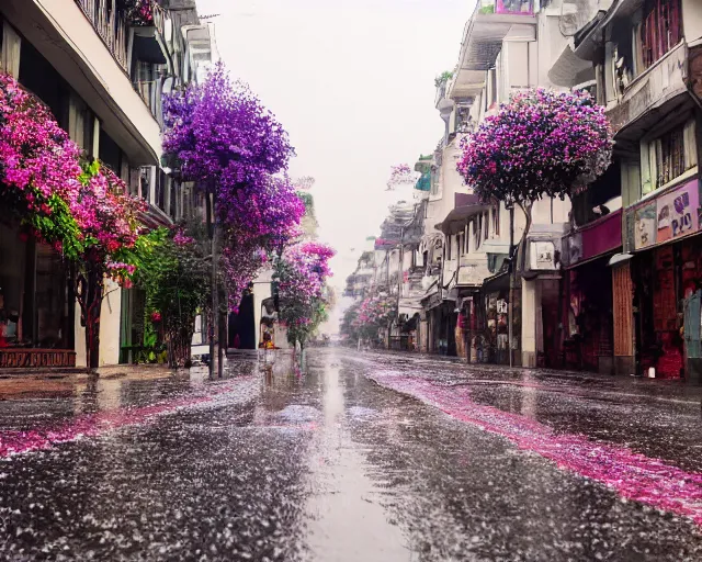 Prompt: a city street under rain of flowers unreal 5