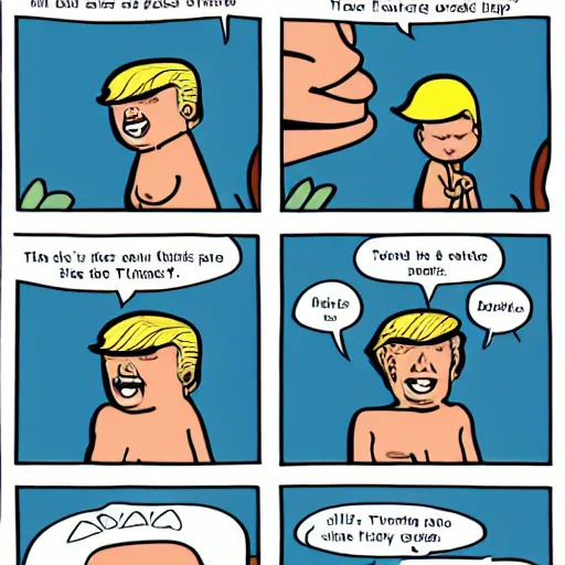 Prompt: tiny person is laughing and pointing at donald trump in a swimsuit. comic strip.