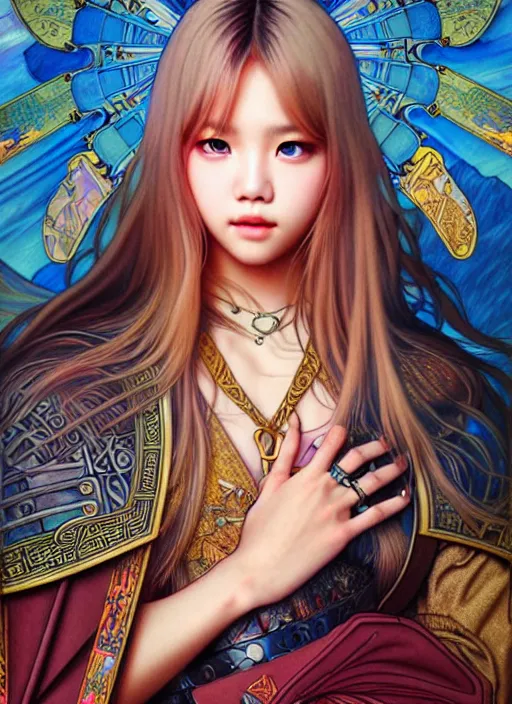 Prompt: lalisa manoban of blackpink, medieval armor, tarot card, highly detailed, digital painting, smooth, sharp focus, illustration, ultra realistic, 8 k, art by artgerm and alphonse mucha