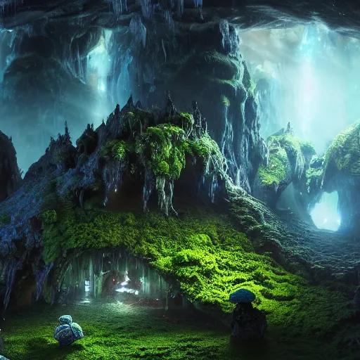 Prompt: spectral gigantic space cavern, ultra realist 3 d render curiosities carnival pond vegetation rocks mushrooms and tentacles covered moss, luminescent wisps, stunning waterfall, accurate features, focus, very intricate ultrafine details, random volumetric lighting, fog, award winning masterpiece, octane render 8 k hd, artstation