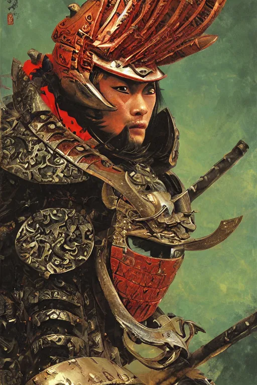 Prompt: close up of a wandering samurai in full armor resembling dragon skin and a helmet resembling a dragon head, resting in a dark bamboo forest, by huang guangjian and gil elvgren, sachin teng, greg manchess