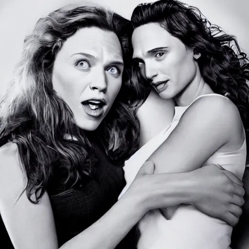 Prompt: Kate McKinnon in love with Gal Gadot. Photo-realistic HD. Hyperrealism. 32K