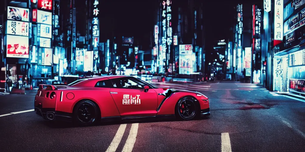 Prompt: NISSAN GT-R with blood vinyil in the middle of a road on the night Tokyo, blue color grading, cinematic color grading , unreal 5, hyperrealistic, realistic, photorealistic, dynamic lighting, highly detailed, cinematic landscape, studio landscape, studio lighting