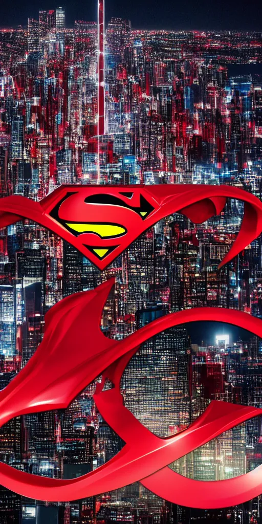 Prompt: A red Superman logo made out electronic components over a night skyline of a skyscraper city with supermans flight trails crossing the logo from bottom to middle , the moon in the background, gotham city stily, dc comics , award winning image, dark , misterious, powerfull