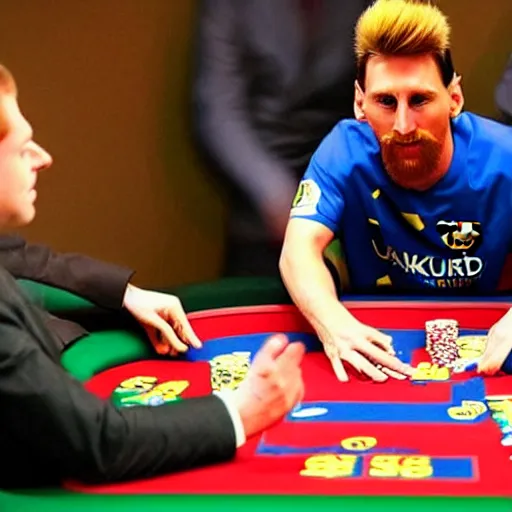 Image similar to messi playing poker with a real life bart simpson