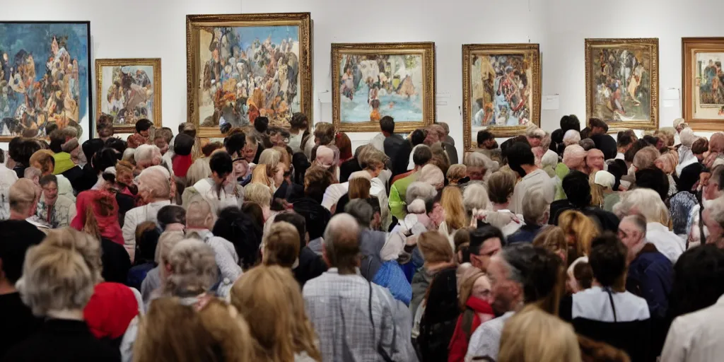 Prompt: audience looking at art market in an auction house