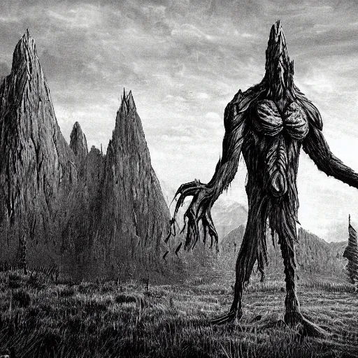 Prompt: a giant creature looms in the distance, towering over someone who is very small in comparison, horror art