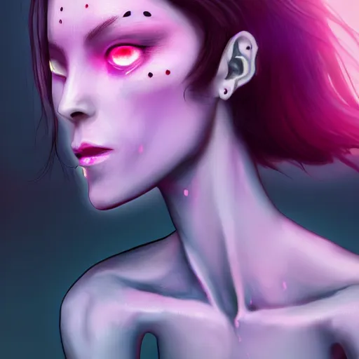 Image similar to Beautiful alien woman with gray skin. with pink eyes. Tattoos on the face. standing on the track. Night light. Digital art. Super detail, 4k, wow, artstation trending, smoke