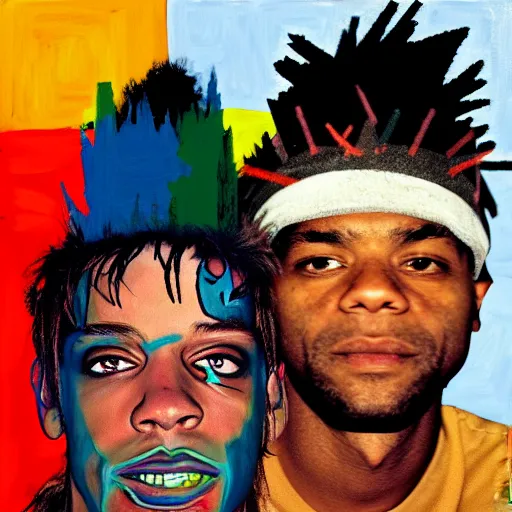 Image similar to kurt cobain and basquiat wearing a painted basquiat crown photorealistic