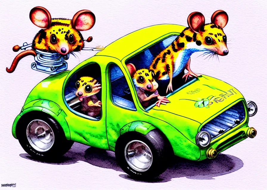 Image similar to cute and funny, quoll riding in a tiny hot rod with oversized engine, ratfink style by ed roth, centered award winning watercolor pen illustration, isometric illustration by chihiro iwasaki, edited by range murata, tiny details by artgerm and watercolor girl, symmetrically isometrically centered