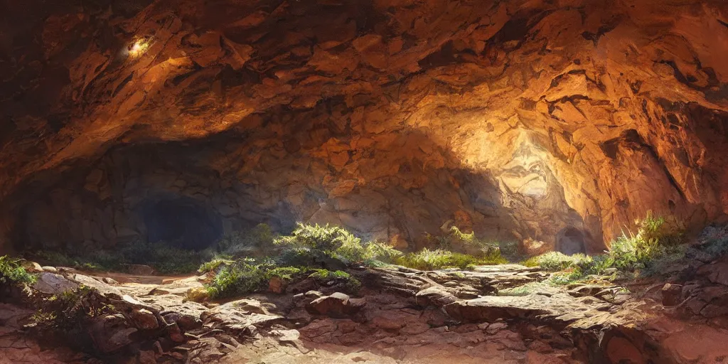 Prompt: painting of majestic curved wall in a dark cave with rocky ground, art by james gurney and greg rutkowski, vivid colors